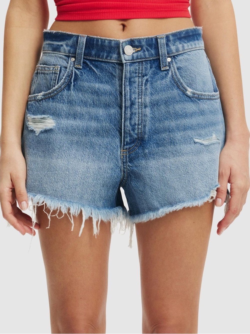 Cotton On High-Waist Frayed Hem Denim Shorts - Blue